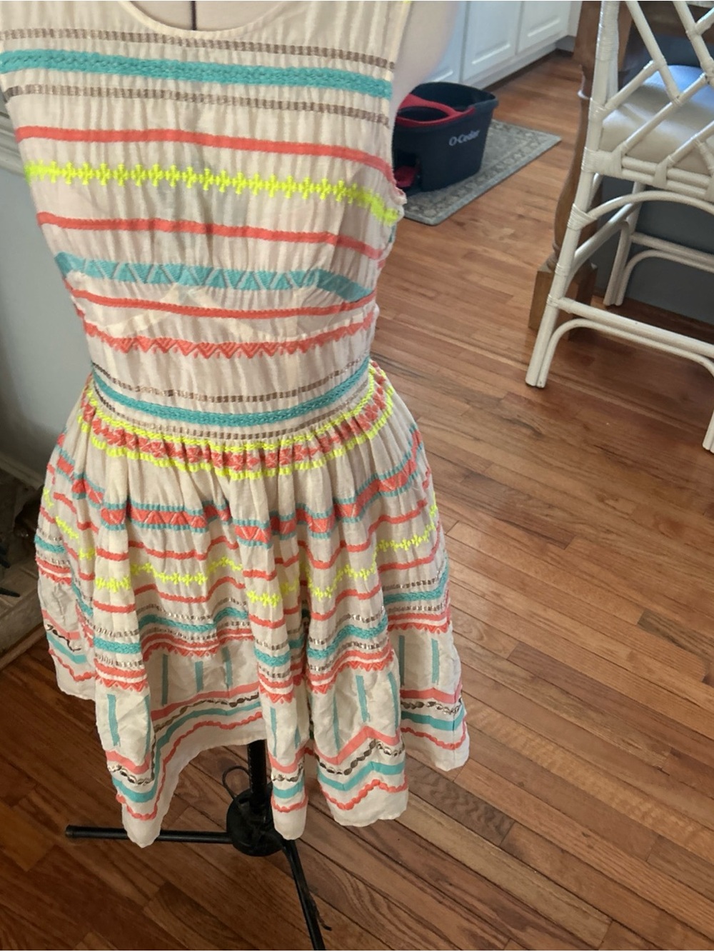 Tracy Reese Cream Midi Dress with Coral, Teal & Neon Yellow Stripes